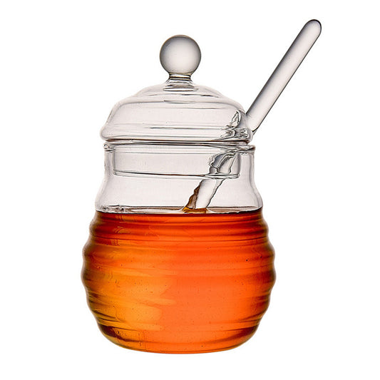 Glass Honey Jar with Lid & Glass Honey Dipper – Ribbed Beehive Design | Classic & Three Bees Styles