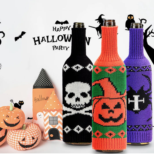 Halloween Knitted Wine Bottle Sweater Cover – Pumpkin, Skull & Spider Spooky Bottle Decoration