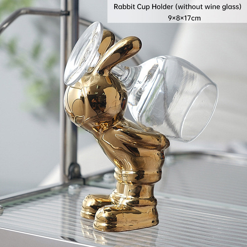 Luxury Rabbit Sculpture Wine Rack & Wine Glass Holder – Ceramic Home Décor Figurine | Silver & Gold