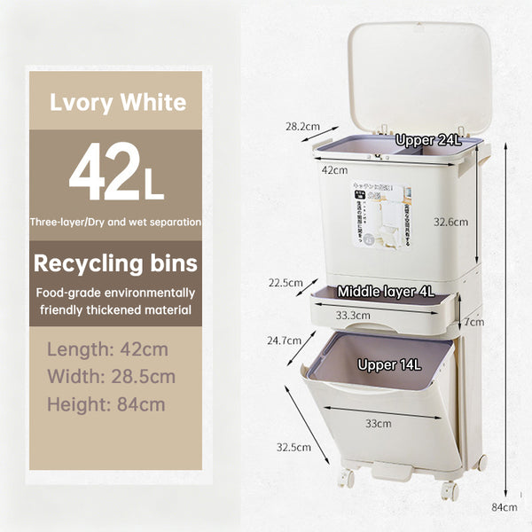 42L Three-Layer Kitchen Recycling Bin with Pedal, Wheels & Dry/Wet Separation