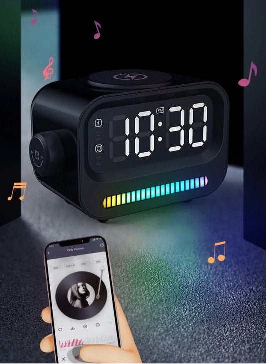 Bluetooth Speaker Alarm Clock with 15W Wireless Charging & Voice-Controlled Light
