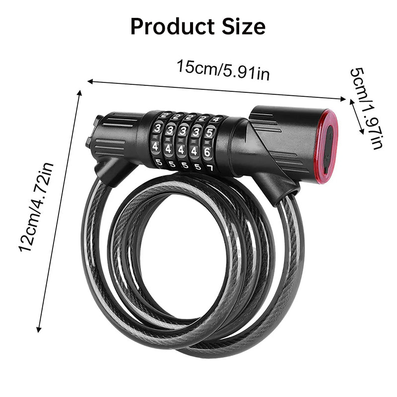 5-Digit Combination Bike Lock with Rechargeable Tail Light – Anti-Theft Steel Cable Chain Lock