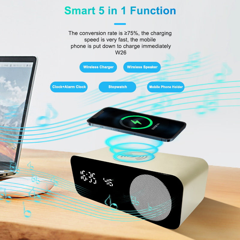 Bluetooth Speaker with Wireless Charging, Clock Display and Thermometer