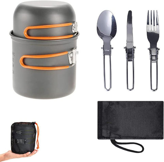 Portable Aluminum Camping Cookware Set – Folding Handle Pot & Pan for 1-2 People