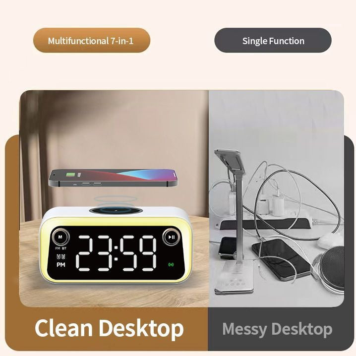 5-in-1 Alarm Clock with 15W Wireless Charger, Bluetooth Speaker & FM Radio