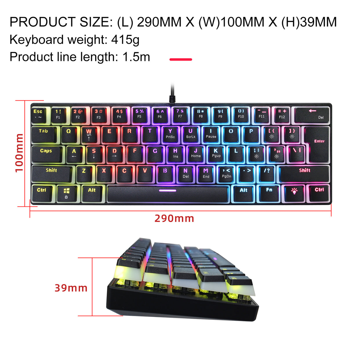 HXSJ L700 61-Key Wired Mechanical Keyboard with Pudding Keycaps