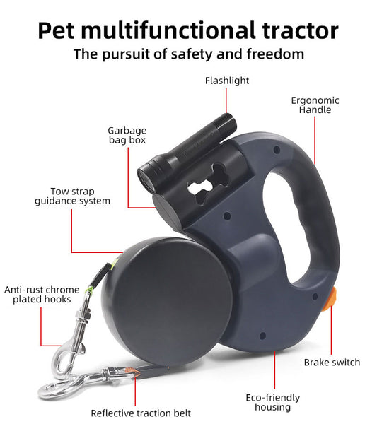 Retractable Dog Leash with LED Flashlight & Poop Bag Dispenser – Single or Dual Cord, 3M Nylon | Walk 1 or 2 Dogs | 10 Colors