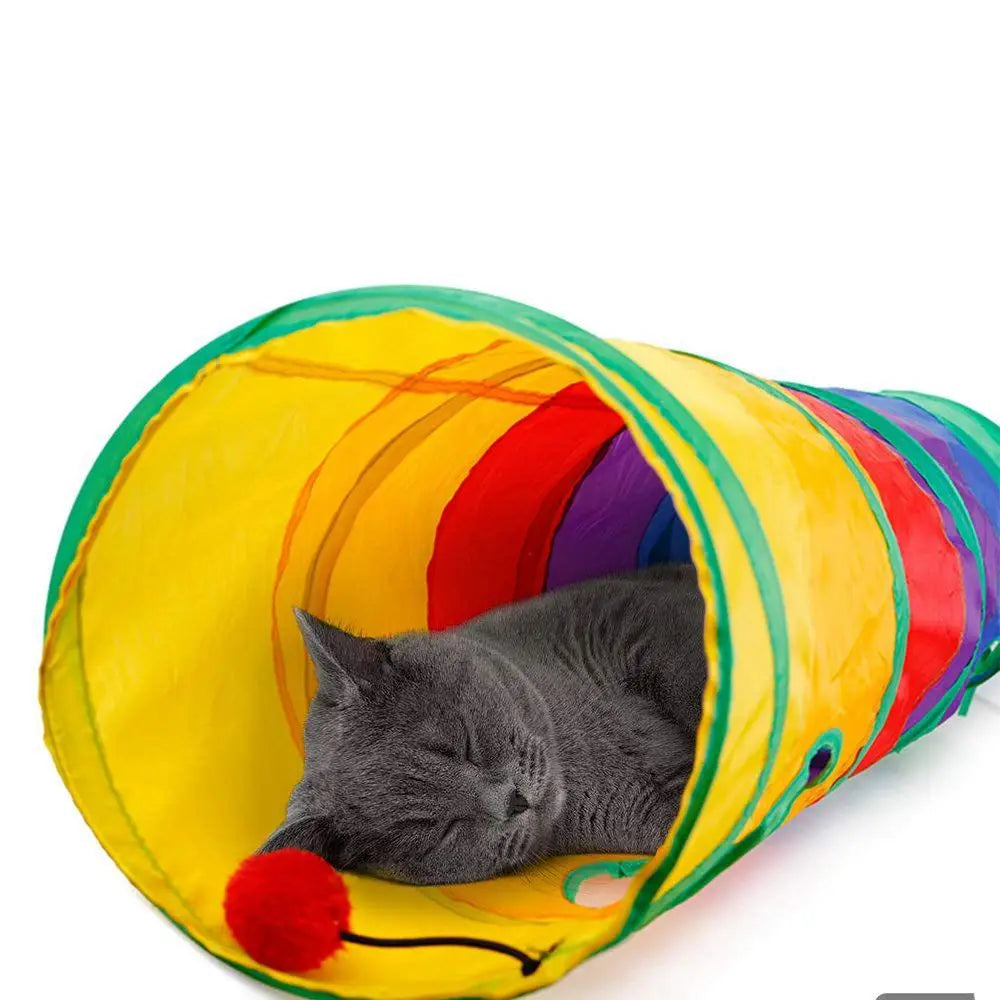 Rainbow Collapsible Cat Tunnel – 115cm, Peek Holes, Crinkle Paper, Dangling Ball | Indoor & Outdoor | Cats, Small Dogs & Rabbits