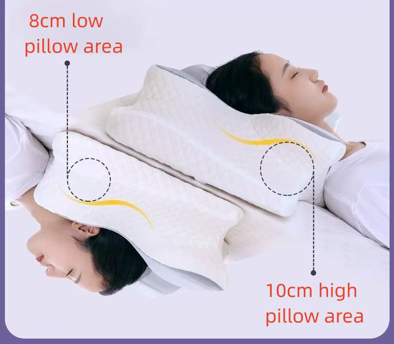 Two women lying down with white contoured pillows, overlaid with text and dotted lines showing pillow height measurements: '8cm low pillow area' and '10cm high pillow area'.