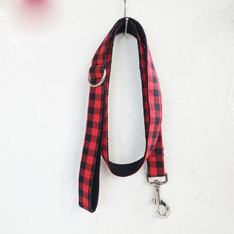 Buffalo Plaid Dog Collar & Leash Set – Red & Black Tartan, Soft-Lined, Silver Metal Hardware | XS–XL