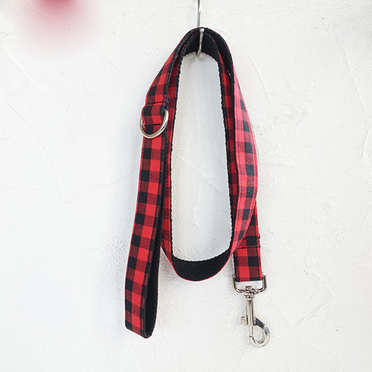Buffalo Plaid Dog Collar & Leash Set – Red & Black Tartan, Soft-Lined, Silver Metal Hardware | XS–XL