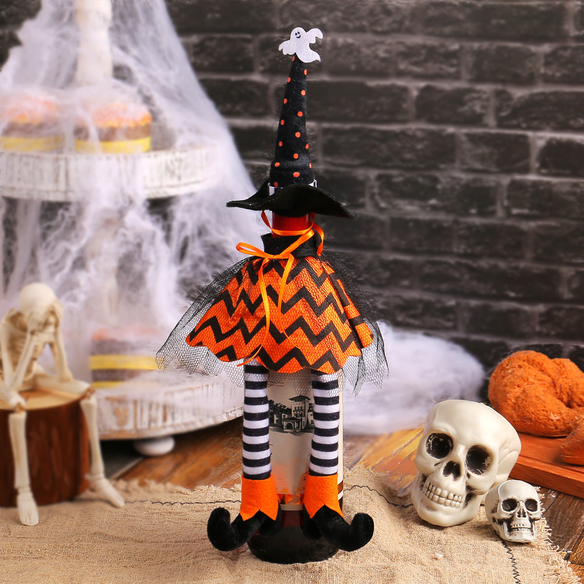 Halloween Witch Wine Bottle Cover – Spiderweb Dress & Striped Legs Novelty Bottle Topper Decoration