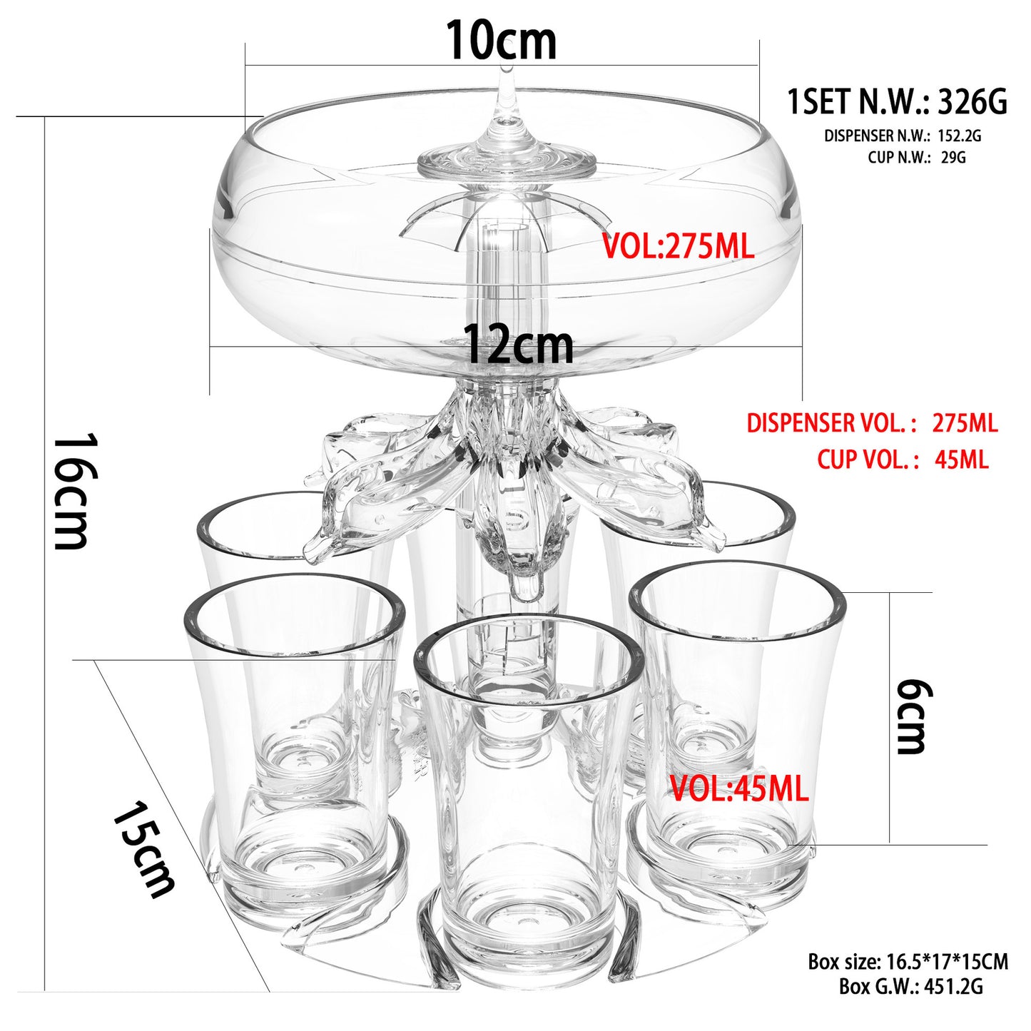 6-Shot Wine & Cocktail Dispenser Set – PMMA Gravity Dispenser with 6 Shot Glasses | Standard & LED Glow Model