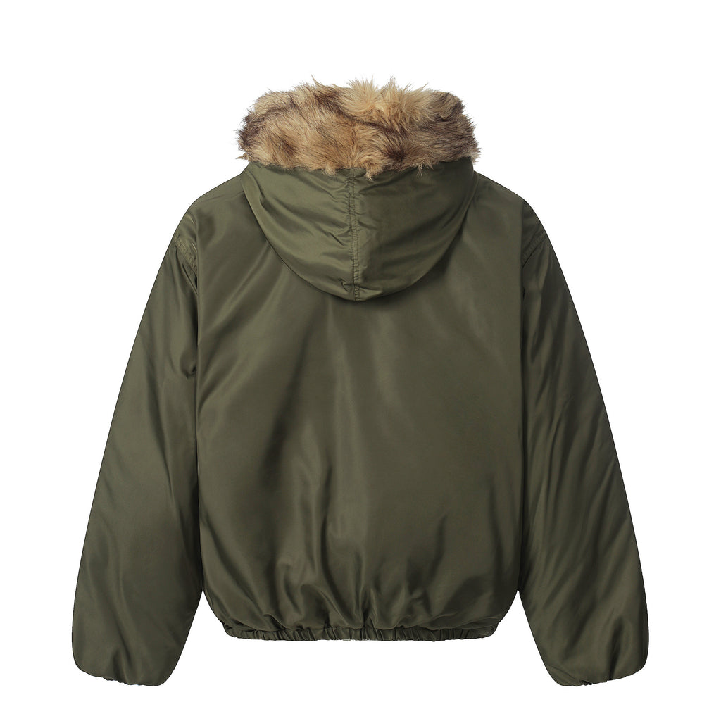 Military green fur collar hooded cotton jacket with a silhouette