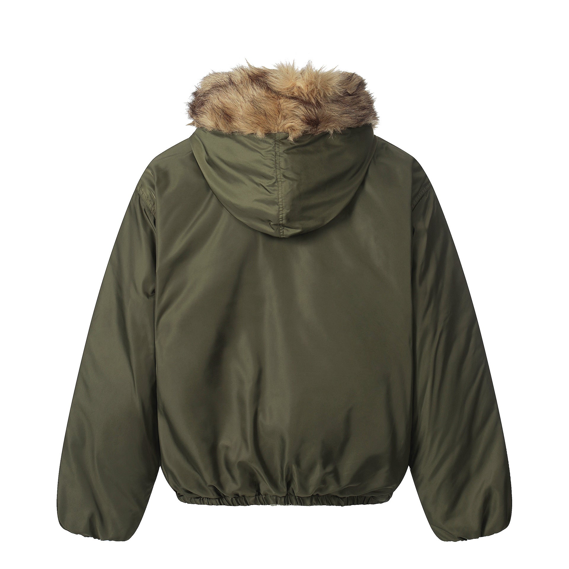 Military green fur collar hooded cotton jacket with a silhouette