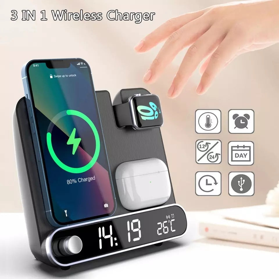 15W Wireless Charging Station with Clock & Thermometer