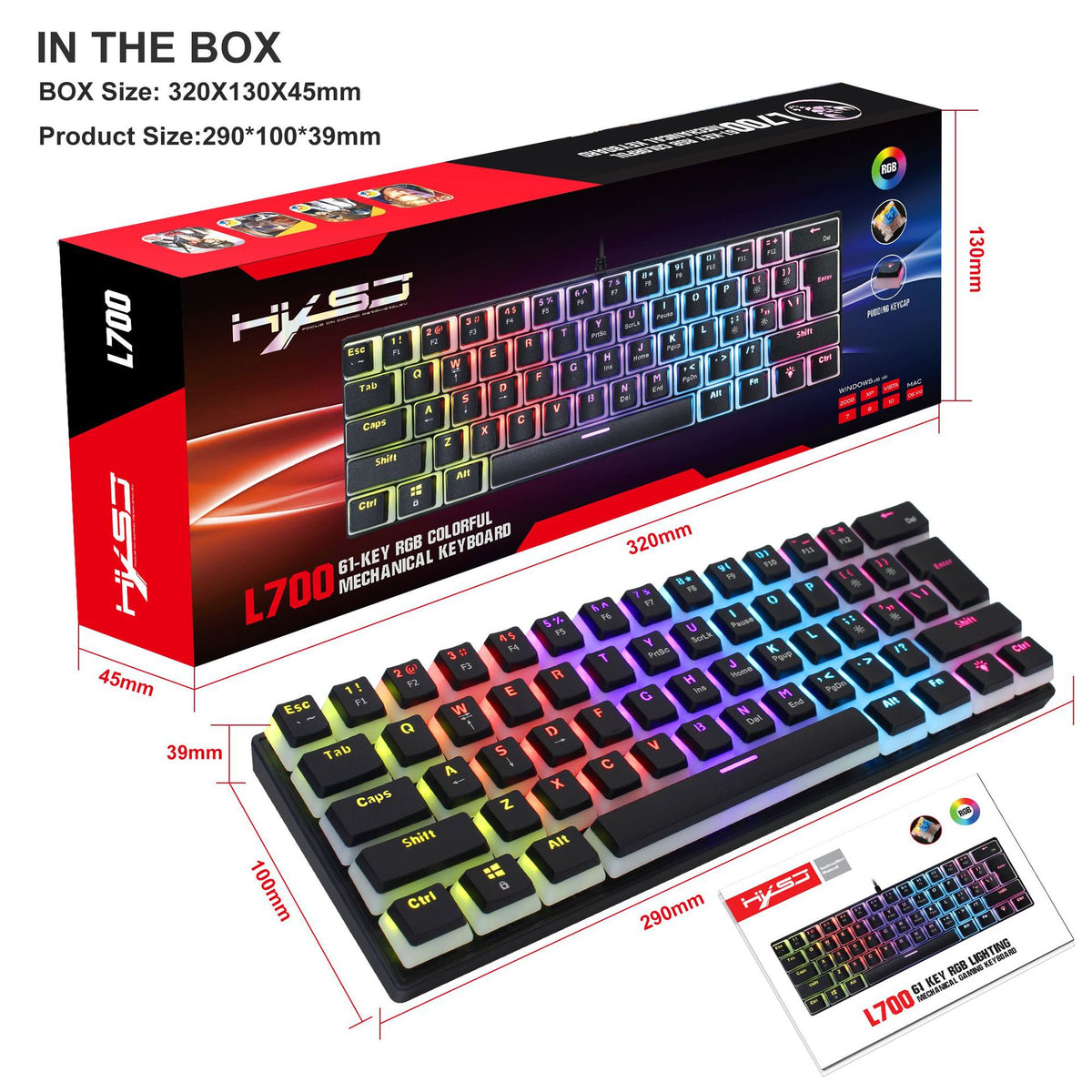 HXSJ L700 61-Key Wired Mechanical Keyboard with Pudding Keycaps