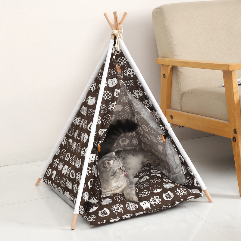Linen Teepee Pet Tent with Removable Cushion – Wooden Frame, Washable | Cats & Small Dogs | 9 Designs