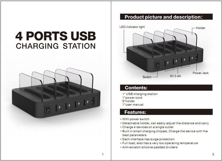 4-Port 24W USB Charging Station Dock with Device Organizer