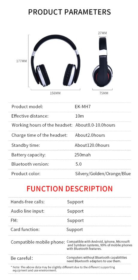 MH7 Foldable Wireless Bluetooth Headphones with Mic – TF Card, FM Radio & AUX Support