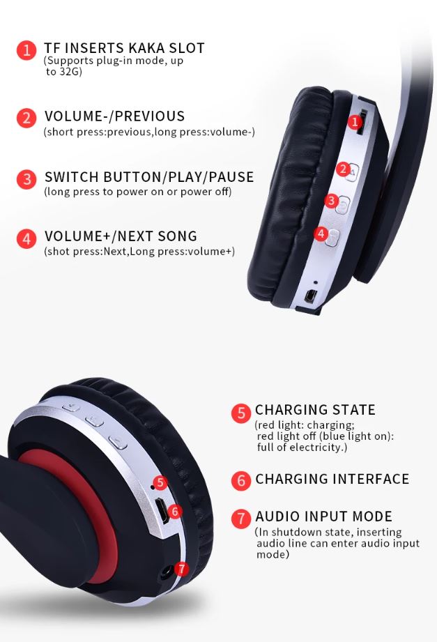 MH7 Foldable Wireless Bluetooth Headphones with Mic – TF Card, FM Radio & AUX Support