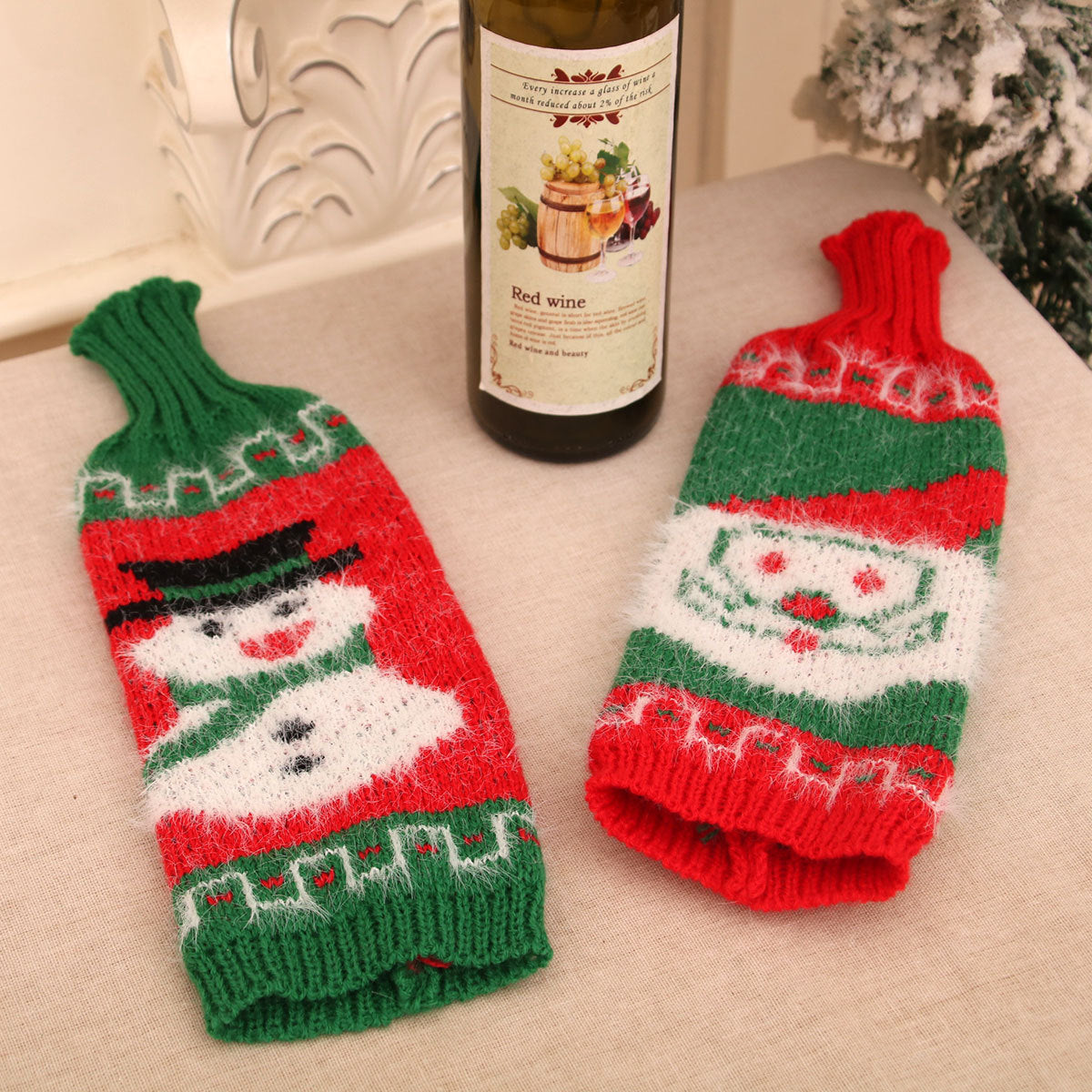 Christmas Fuzzy Knitted Wine Bottle Sweater Cover – Santa Claus & Snowman Holiday Bottle Decoration