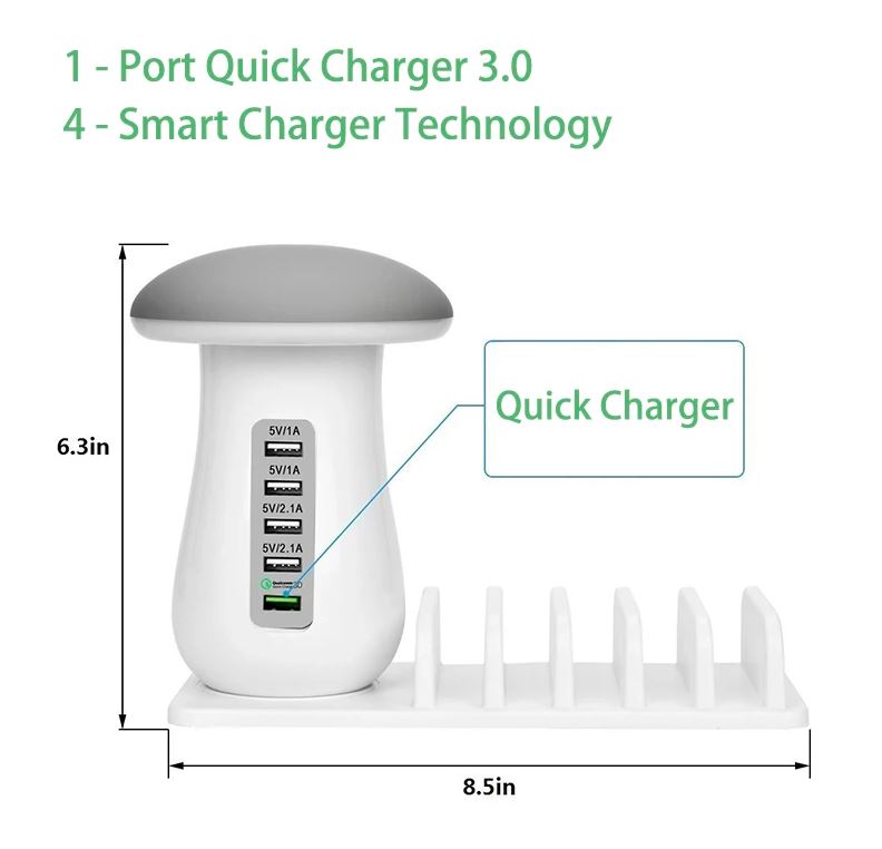 5-Port USB Charging Station with LED Night Lamp, QC 3.0