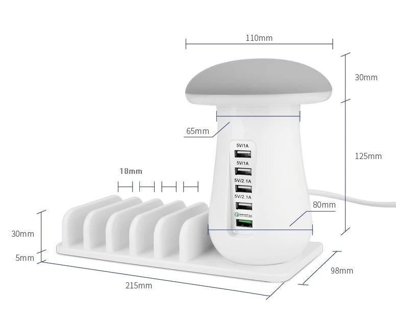 5-Port USB Charging Station with LED Night Lamp, QC 3.0