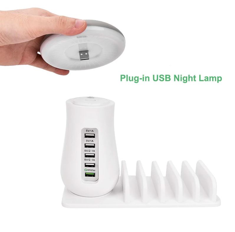 5-Port USB Charging Station with LED Night Lamp, QC 3.0