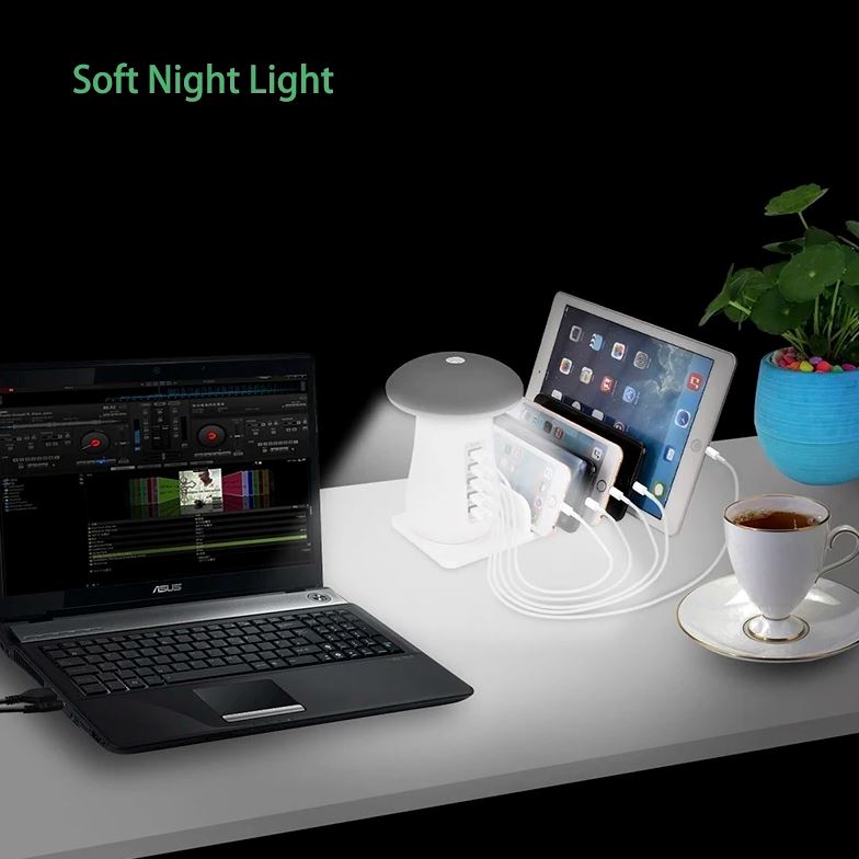 5-Port USB Charging Station with LED Night Lamp, QC 3.0