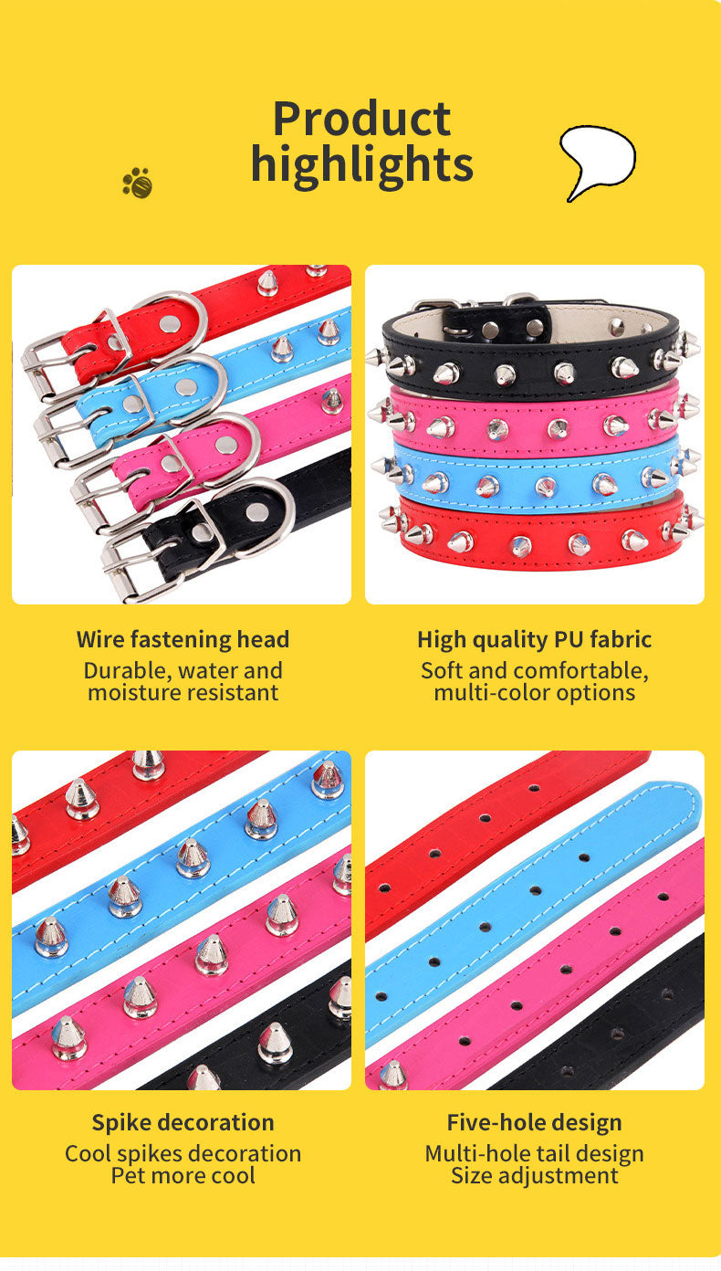 Spiked Leather Pet Collar with Silver Cone Studs – Adjustable, Soft-Lined | Dogs & Cats | XS–L | 4 Colors