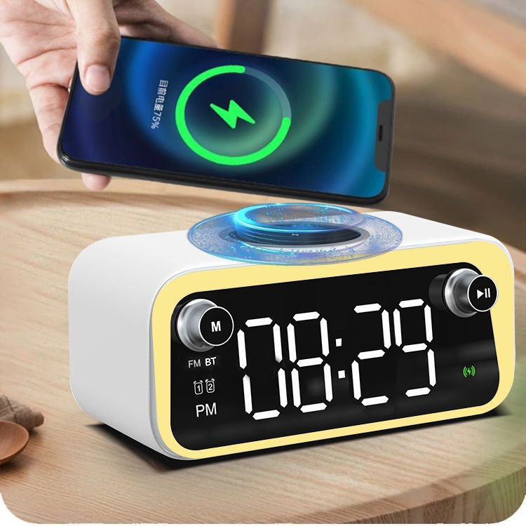 5-in-1 Alarm Clock with 15W Wireless Charger, Bluetooth Speaker & FM Radio