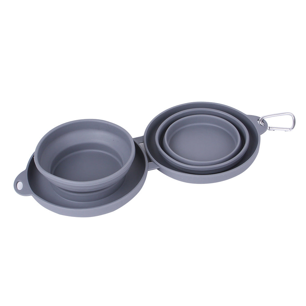 Collapsible Silicone Double Pet Bowl with Carabiner Clip – Foldable, Portable, Food & Water | Cats & Dogs | Grey or Pink