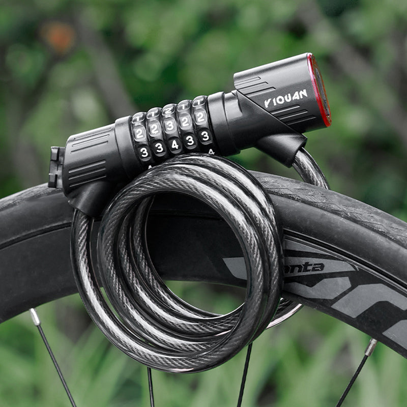 5-Digit Combination Bike Lock with Rechargeable Tail Light – Anti-Theft Steel Cable Chain Lock
