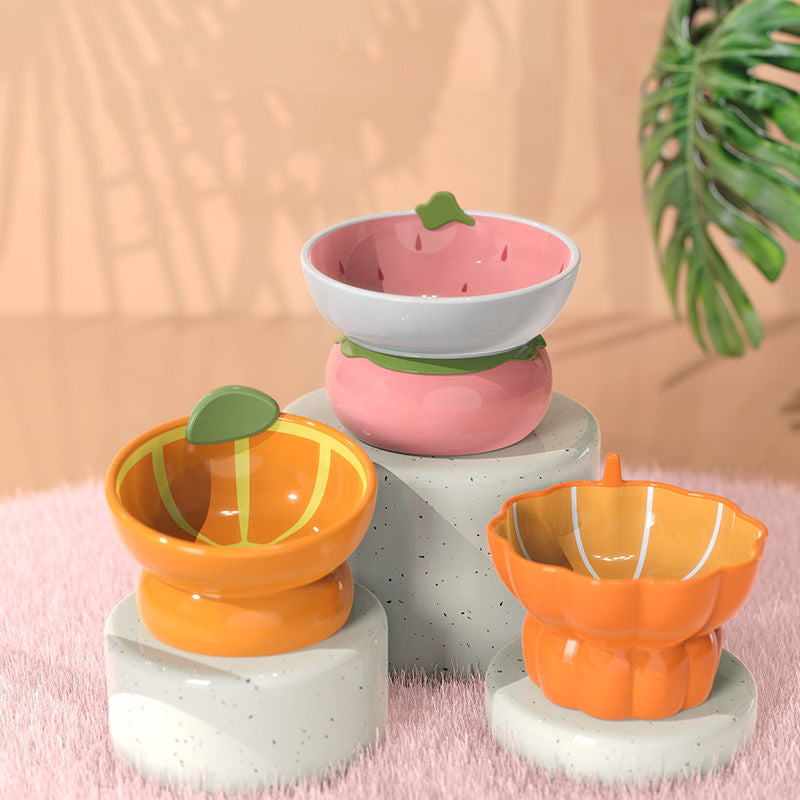 Novelty Fruit Ceramic Tilted Pet Bowl – Strawberry, Orange & Pumpkin | Raised Angled Design, Cervical Spine Protection | Cats & Dogs