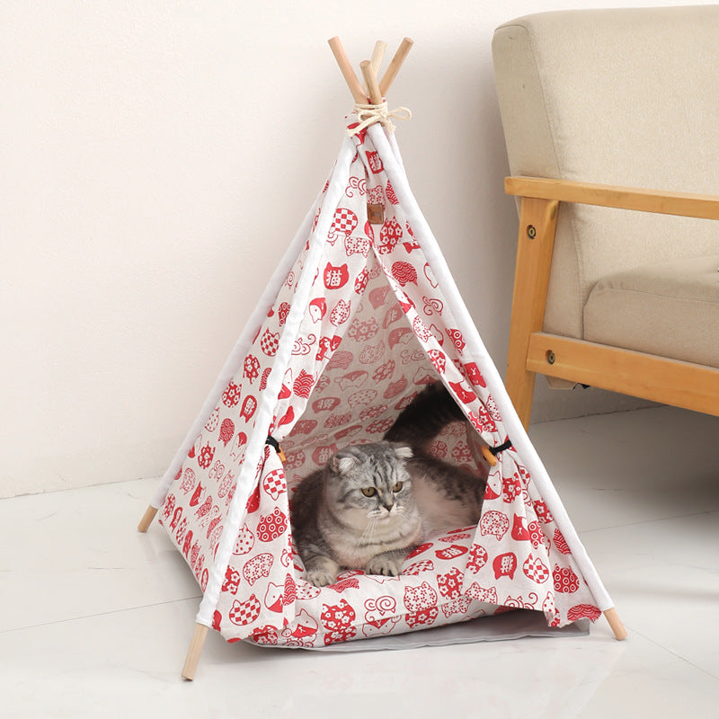 Linen Teepee Pet Tent with Removable Cushion – Wooden Frame, Washable | Cats & Small Dogs | 9 Designs