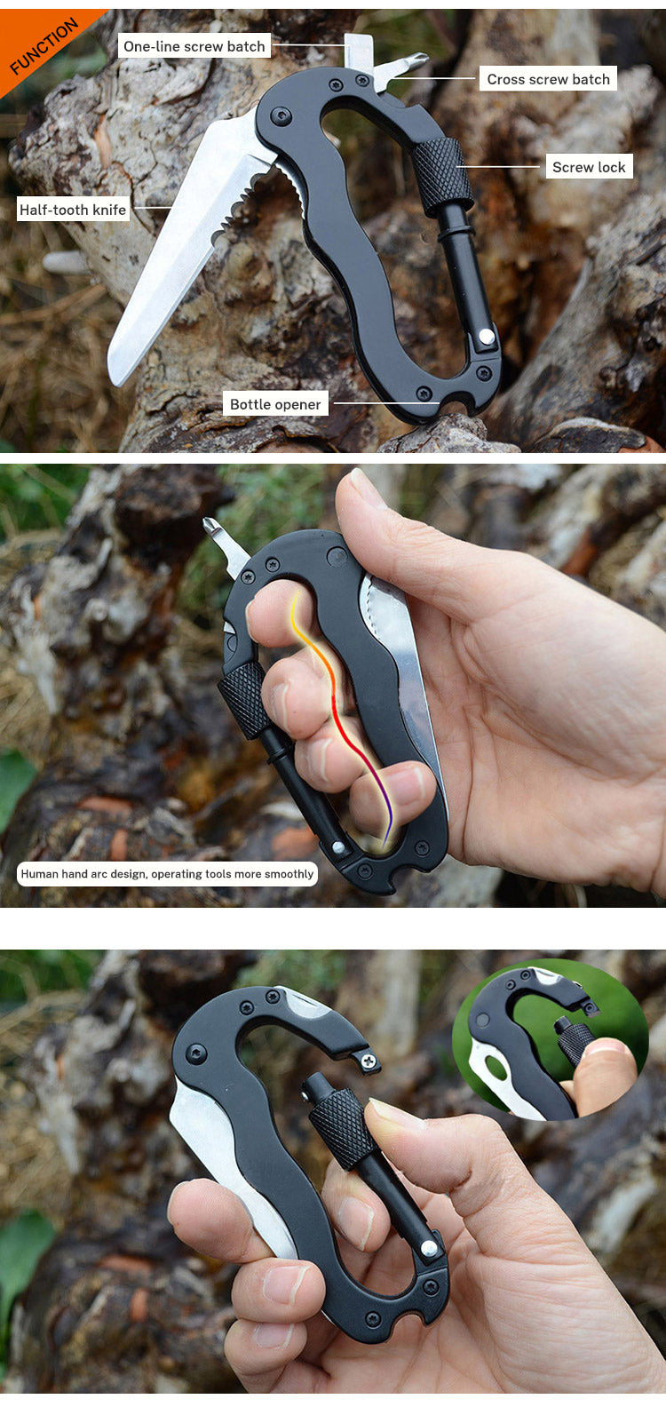 5-in-1 Outdoor Multi-Tool Carabiner with 7.5 cm Blade