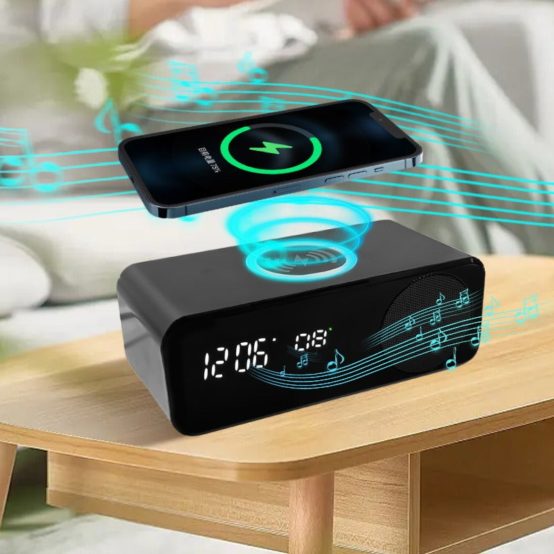 Bluetooth Speaker with Wireless Charging, Clock Display and Thermometer
