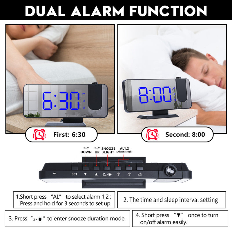 LED Mirror Projection Alarm Clock with RGB Display & Dual Alarms