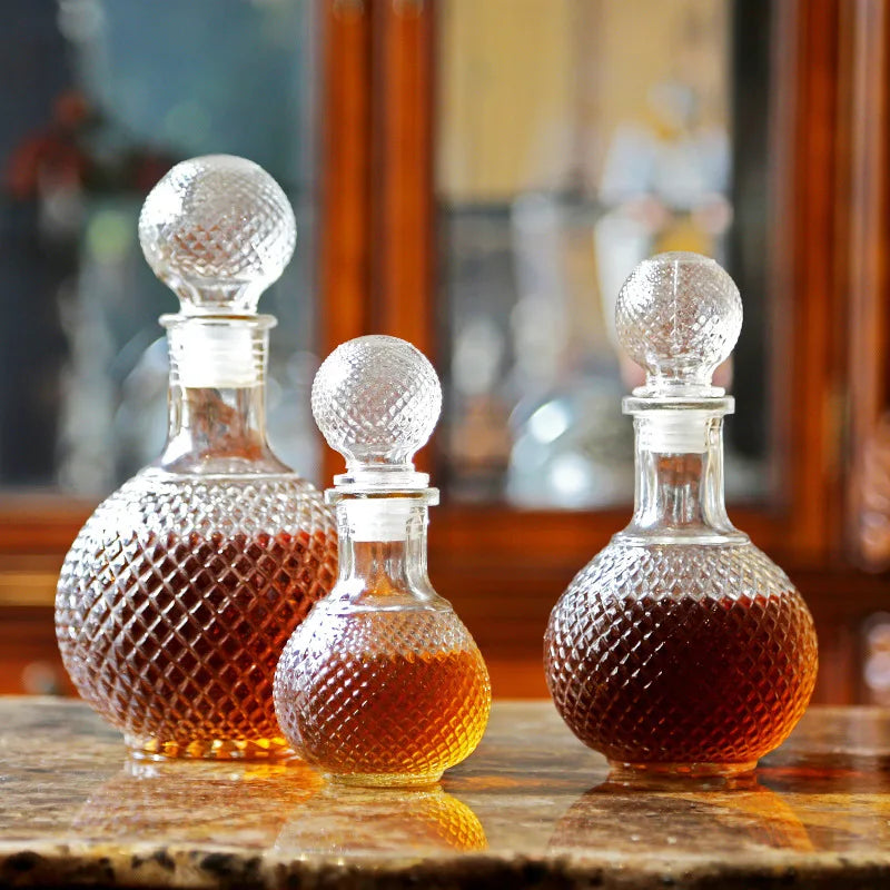 Globe Crystal Glass Decanter | Diamond-Cut Faceted Whiskey & Wine Decanter with Stopper