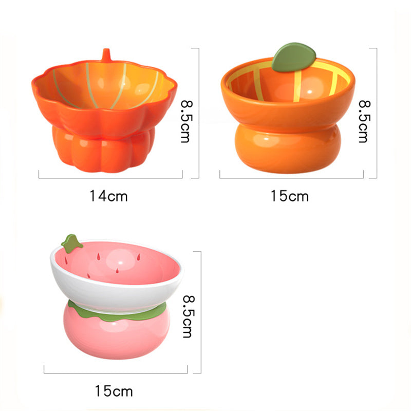 Novelty Fruit Ceramic Tilted Pet Bowl – Strawberry, Orange & Pumpkin | Raised Angled Design, Cervical Spine Protection | Cats & Dogs