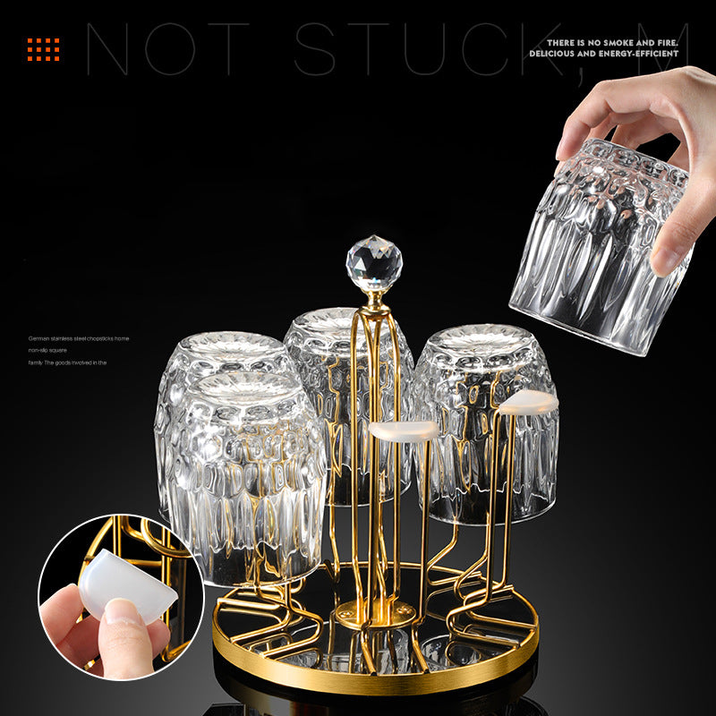 Rotating Upside-Down Glass Drying Rack – Gold Carbon Steel Countertop Cup Holder with Crystal Finial | 6-Glass Carousel Stand