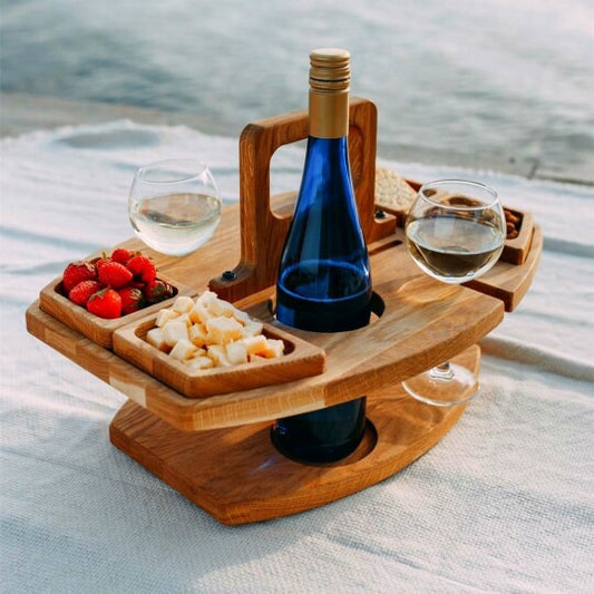 Portable Wooden Picnic Wine Caddy Tray – All-in-One Wine Bottle, Glass & Snack Holder for Outdoor Entertaining