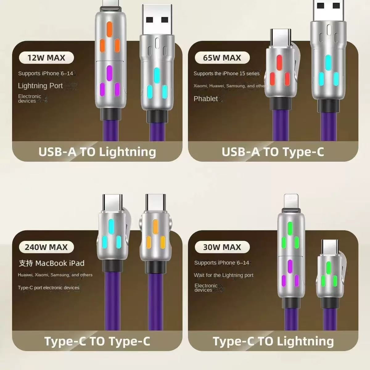 4-in-1 LED Silicone Charging Cable with 100W PD and USB-C