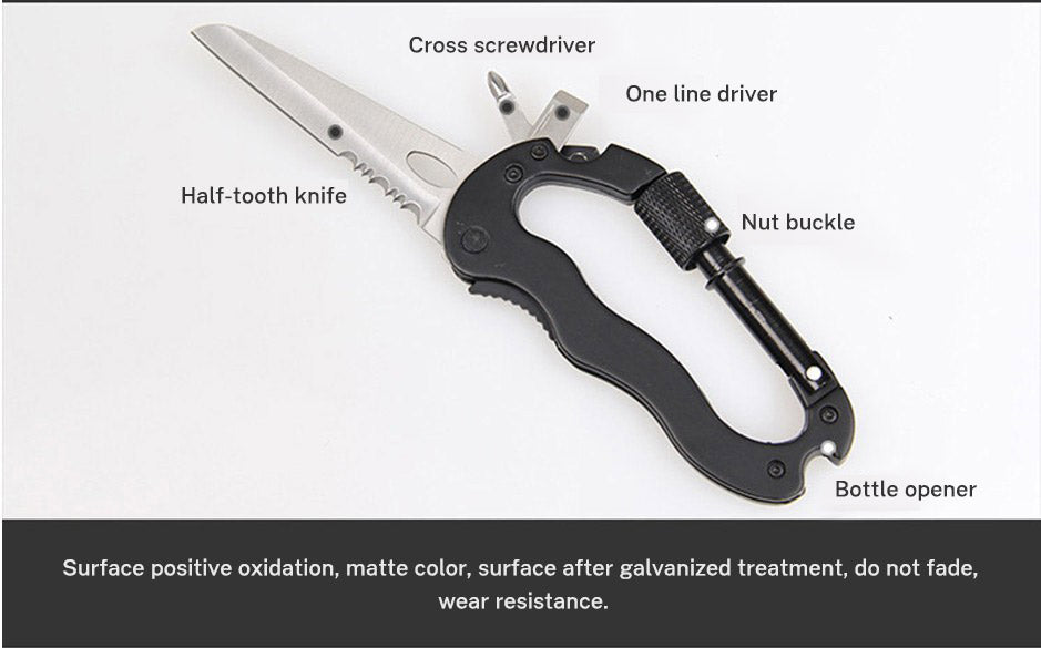 5-in-1 Outdoor Multi-Tool Carabiner with 7.5 cm Blade