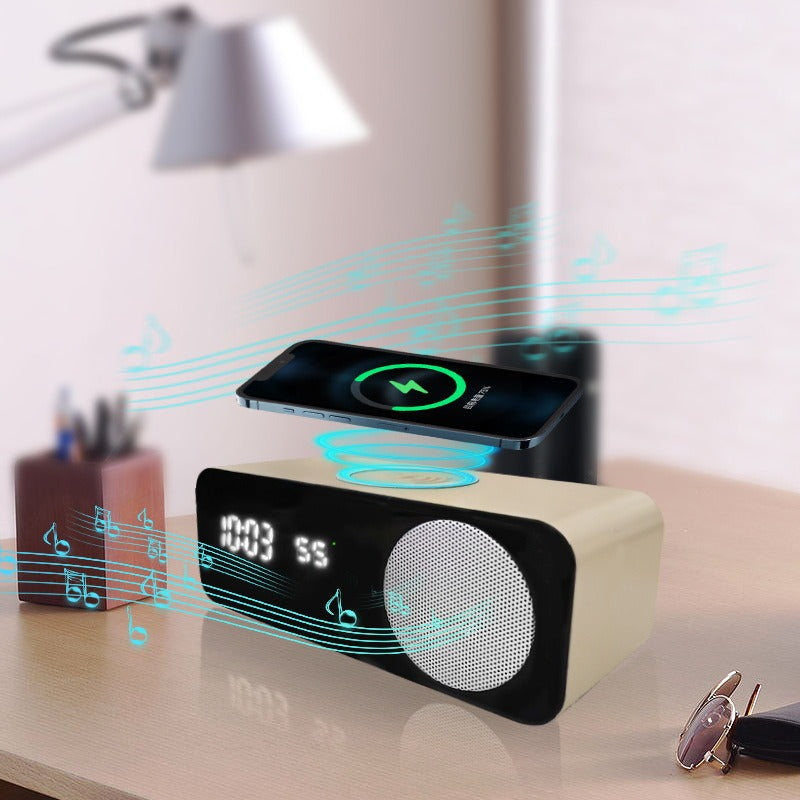 Bluetooth Speaker with Wireless Charging, Clock Display and Thermometer