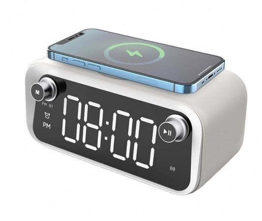5-in-1 Alarm Clock with 15W Wireless Charger, Bluetooth Speaker & FM Radio