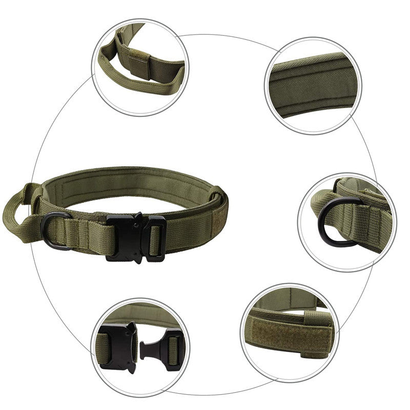 Tactical Dog Collar – Wide 3.8cm Padded Nylon Collar with Handle & Quick-Release Buckle | M, L, XL | Collar Only or 2-Piece Set with Leash