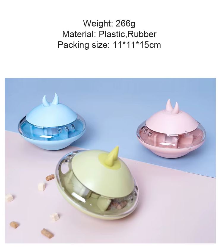 UFO Treat-Dispensing Dog Toy – Self-Righting Wobble Base, Leak Food Ball, Bunny-Ear Design | Mental Enrichment | Dogs | Pink, Blue & Green
