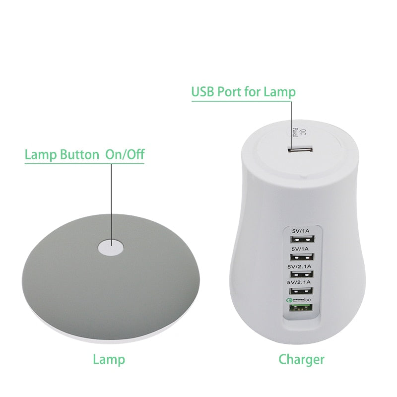 5-Port USB Charging Station with LED Night Lamp, QC 3.0